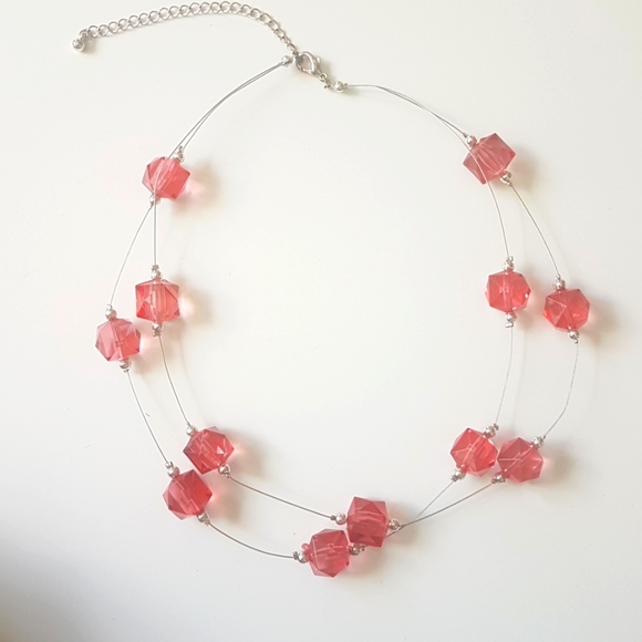 Transparent Wire Suspended Red Glass Beads Necklace - Picture 2 of 4